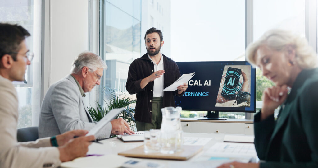 Presentation, paperwork and businessman in office with team for AI governance system. Discussion, p.